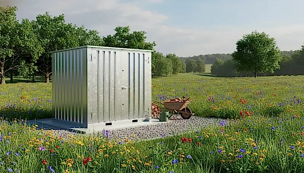 galvanized steel storage shed rural farm landscape