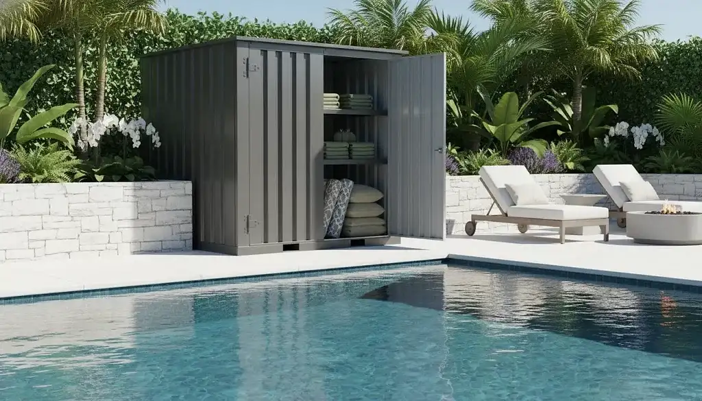 luxury poolside storage shed for equipment