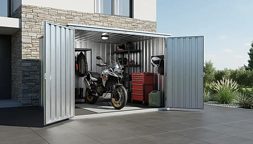 secure metal motorcycle garage shed with bike