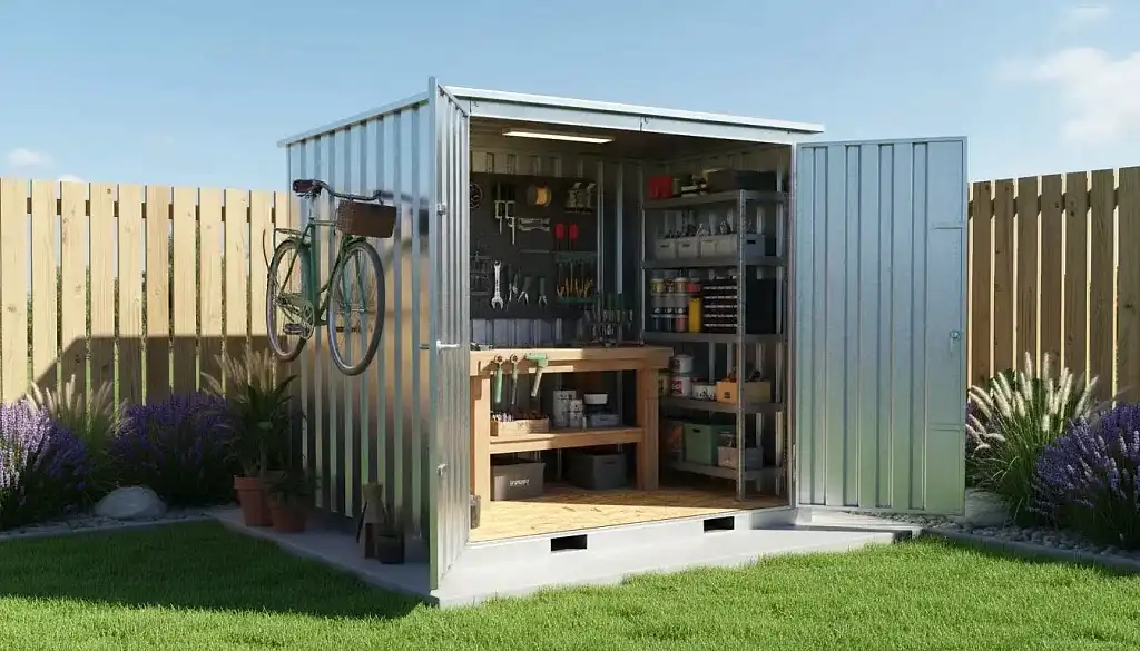 steel hobby workshop shed with double doors open, showing tools, shelving, and a durable OSB floor.